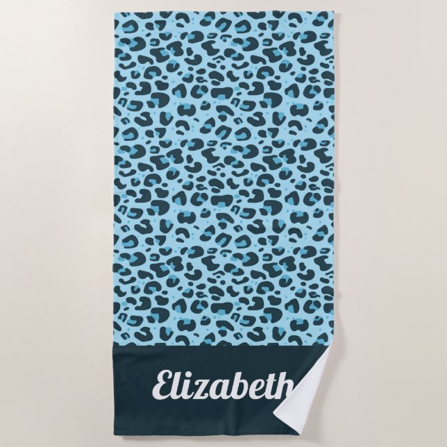 Shades of blue trendy leopard print with name beach towel (Front)