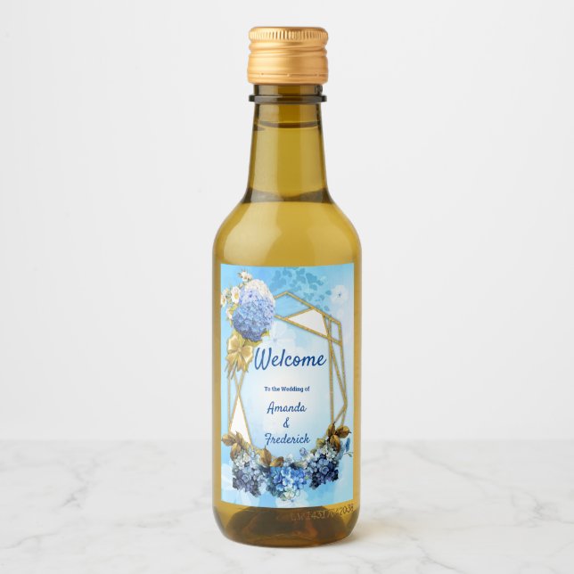 Shades of Blue Watercolor Hydrangeas Wine Label (Front)