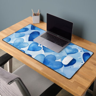 SHADES OF BLUE WATERCOLOR LOVE HEARTS DESK MAT
