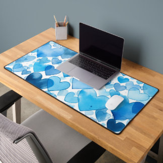 SHADES OF BLUE WATERCOLOR LOVE HEARTS DESK MAT