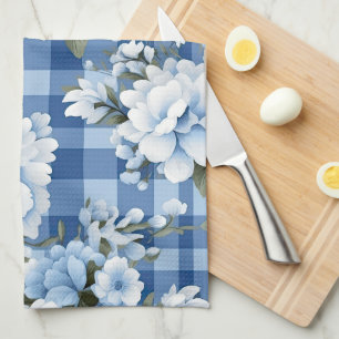 SHADES OF BLUE & WHITE PLAID PATTERN & FLOWERS KITCHEN TOWEL