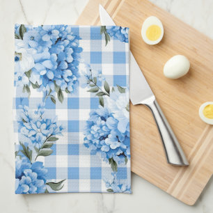 SHADES OF BLUE & WHITE PLAID PATTERN & FLOWERS KITCHEN TOWEL