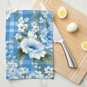 SHADES OF BLUE & WHITE PLAID PATTERN & FLOWERS KITCHEN TOWEL