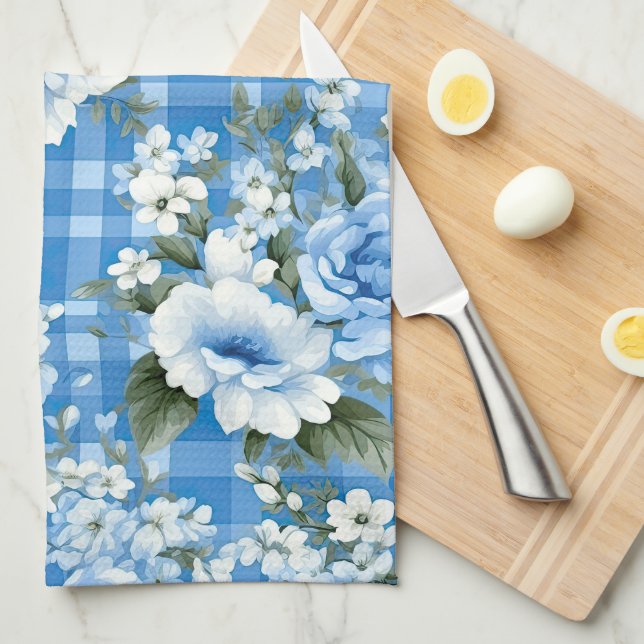 SHADES OF BLUE & WHITE PLAID PATTERN & FLOWERS KITCHEN TOWEL (Quarter Fold)