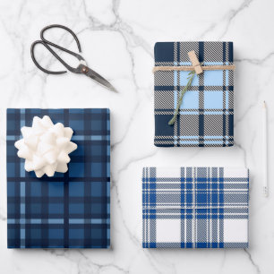 SHADES OF BLUE & WHITE PLAID PATTERNS WRAPPING PAPER SHEET