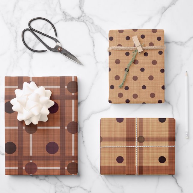 SHADES OF BROWN & WHITE POLKA DOTS & PLAIDS WRAPPING PAPER SHEET (Front)