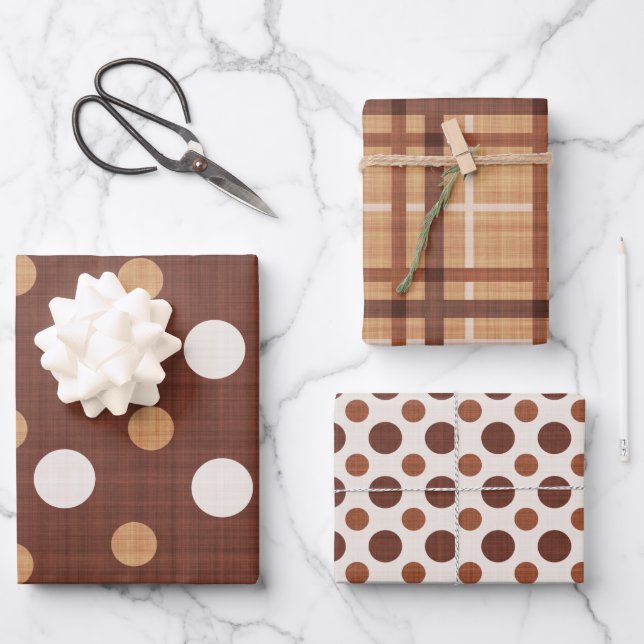 SHADES OF BROWN & WHITE POLKA DOTS & PLAIDS WRAPPING PAPER SHEET (Front)