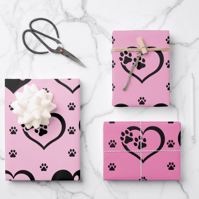Shades of Complementary Pink Paw Hearts Wrapping Paper Sheet (Front)
