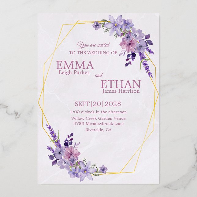 Shades of Dusty Purple Blooms Geometric Wedding  (Front)