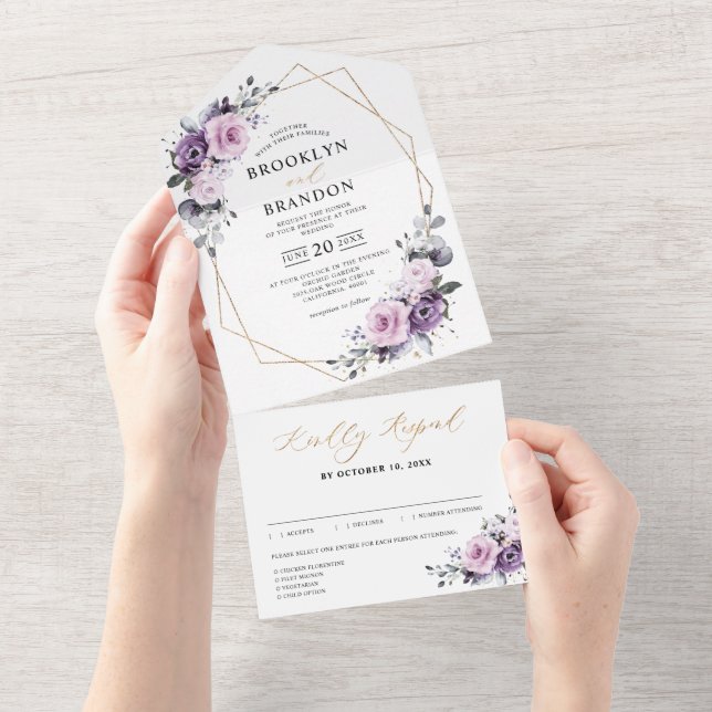 Shades of Dusty Purple Blooms Geometric Wedding All In One Invitation (Tearaway)