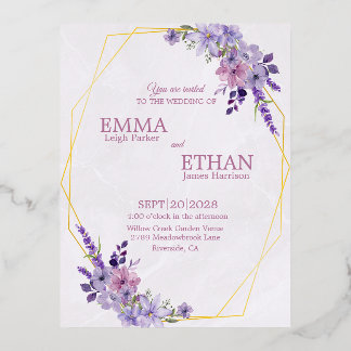 Shades of Dusty Purple Blooms Geometric Wedding  Foil Invitation Postcard