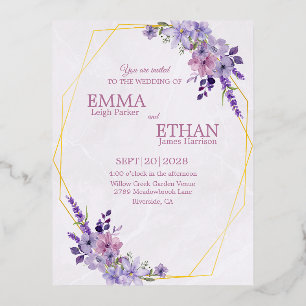 Shades of Dusty Purple Blooms Geometric Wedding  Foil Invitation Postcard