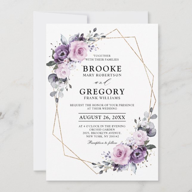 Shades of Dusty Purple Blooms Geometric Wedding Invitation (Front)