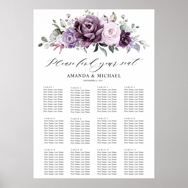 Shades of Dusty Purple Blooms Guest Seating Chart (Front)