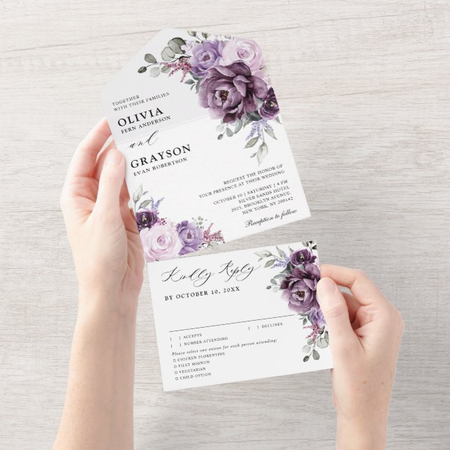Shades of Dusty Purple Blooms Moody Floral Wedding All In One Invitation (Tearaway)