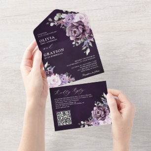 Shades of Dusty Purple Blooms Moody Floral Wedding All In One Invitation