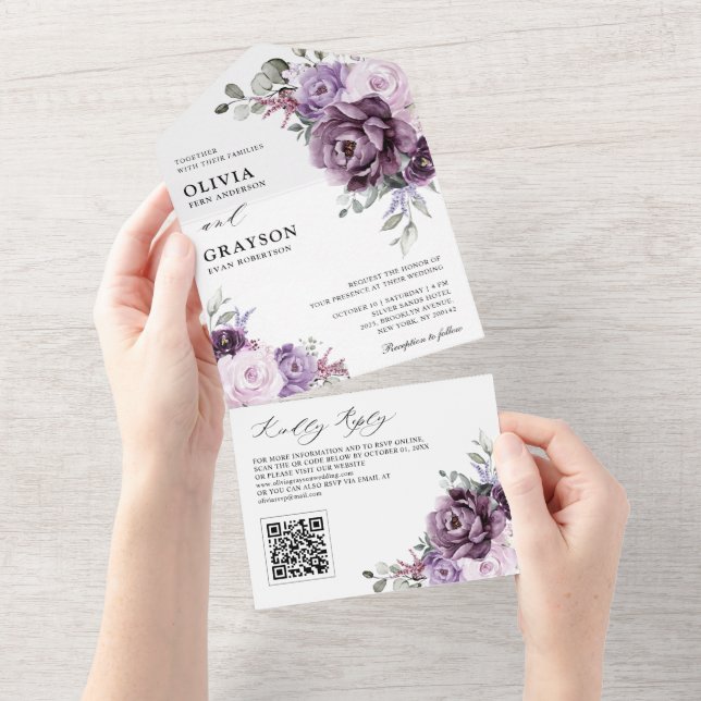 Shades of Dusty Purple Blooms Moody Floral Wedding All In One Invitation (Tearaway)