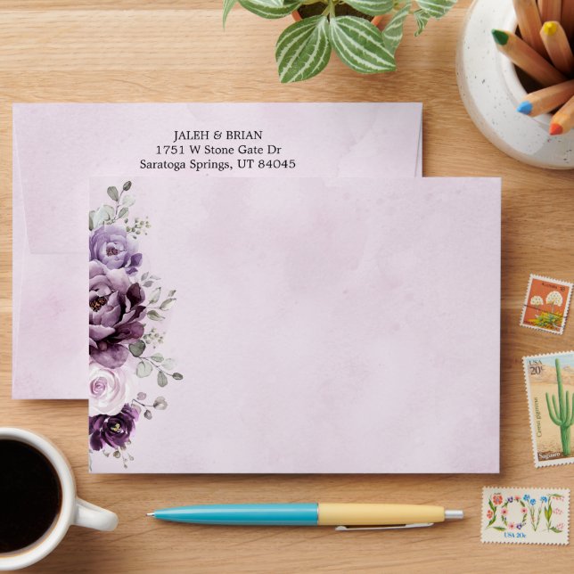 Shades of Dusty Purple Blooms Moody Floral Wedding Envelope (Desk)