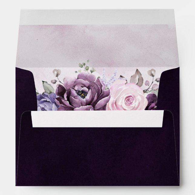 Shades of Dusty Purple Blooms Moody Floral Wedding Envelope (Back (Bottom))
