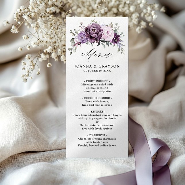 Shades of Dusty Purple Blooms Moody Floral Wedding Menu (Creator Uploaded)