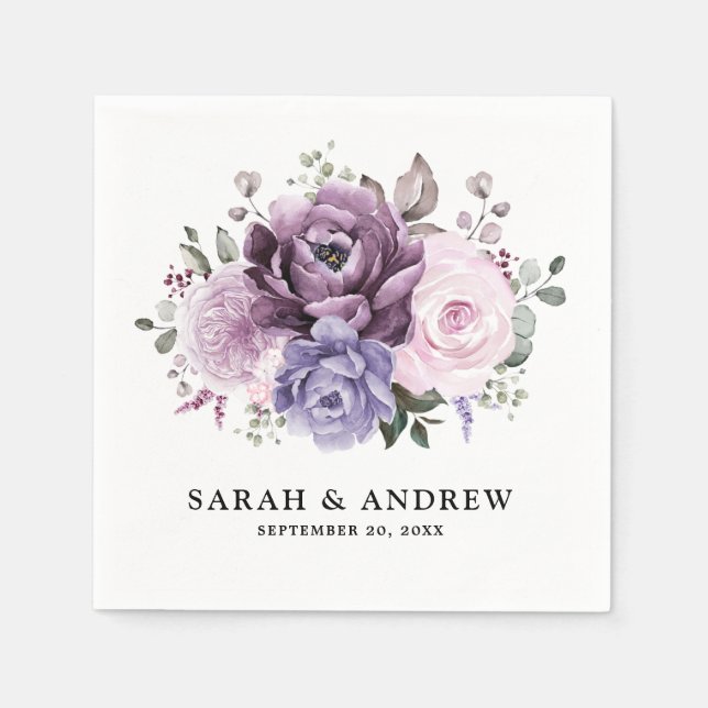 Shades of Dusty Purple Blooms Moody Floral Wedding Napkin (Front)