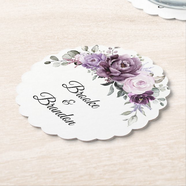 Shades of Dusty Purple Blooms Moody Floral Wedding Paper Coaster (Angled)