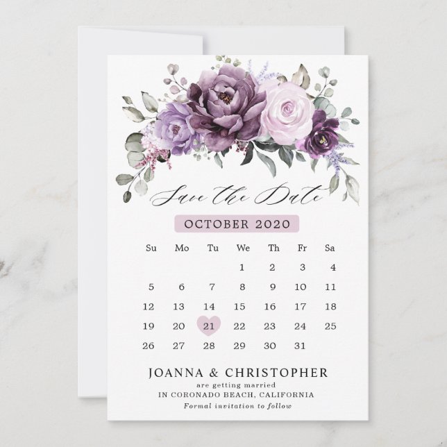Shades of Dusty Purple Blooms Moody Floral Wedding Save The Date (Front)