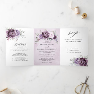 Shades of Dusty Purple Blooms Moody Floral Wedding Tri-Fold Announcement
