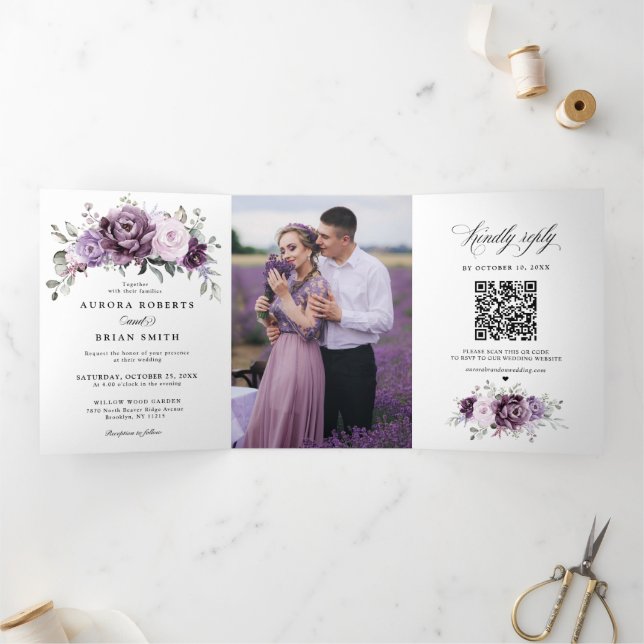 Shades of Dusty Purple Blooms Moody Floral Wedding Tri-Fold Announcement (Inside)