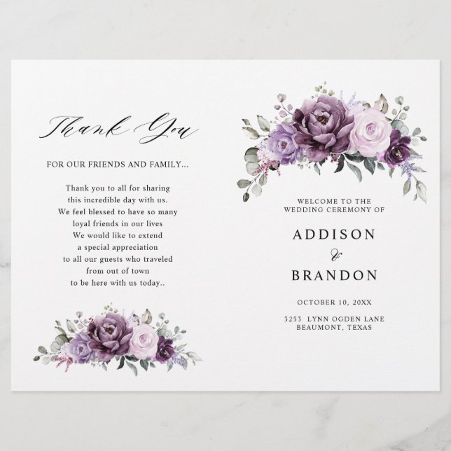 Shades of Dusty Purple Blooms Programme de mariage (Devant)