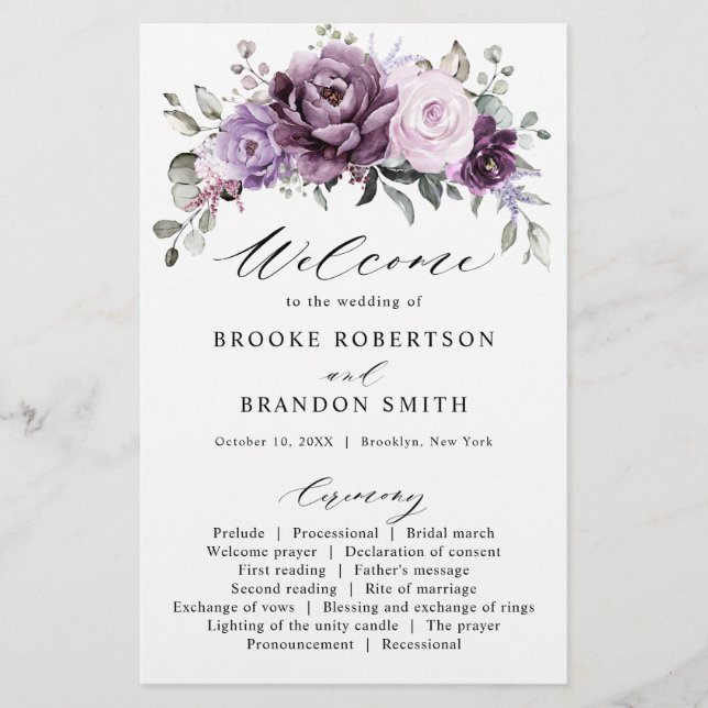 Shades of Dusty Purple Blooms Wedding Program (Front)