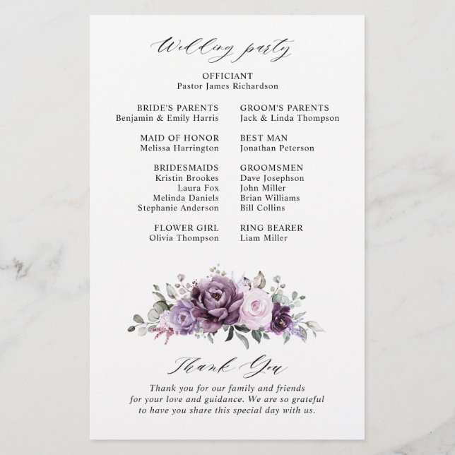Shades of Dusty Purple Blooms  Wedding Program (Back)