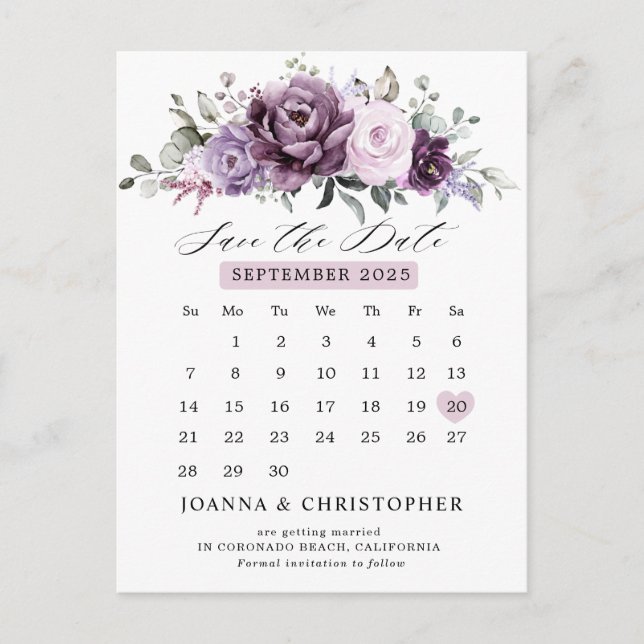 Shades of Dusty Purple Calendar Save the date Postcard (Front)