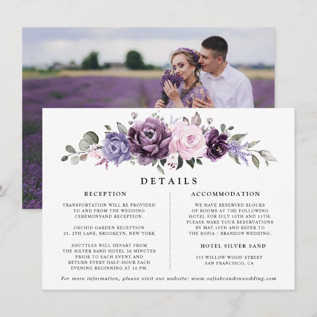 Shades of Dusty Purple Floral Wedding Details Enclosure Card (Front/Back)