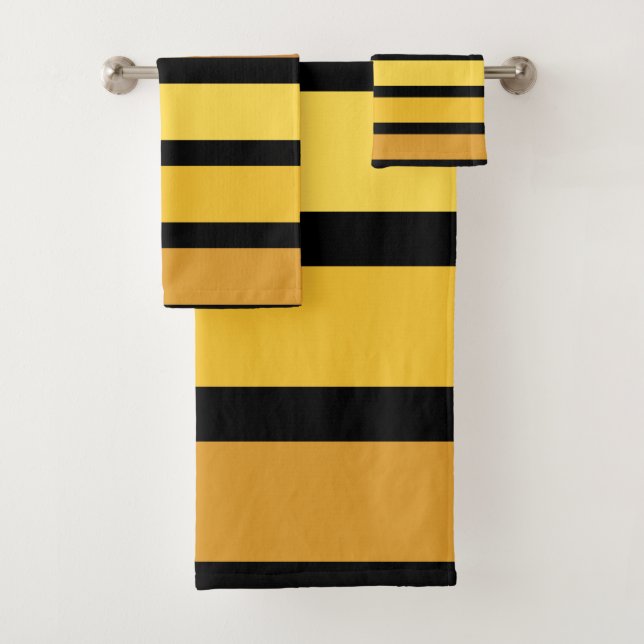 Shades Of Golden Yellow Stripes On Black  Bath Towel Set (Insitu)