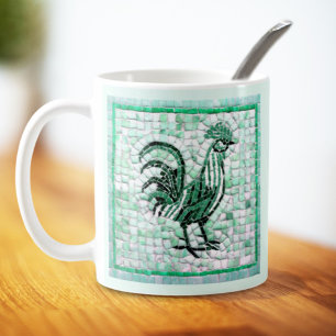 Shades of Green and Black Mosaic Chicken Art Coffee Mug