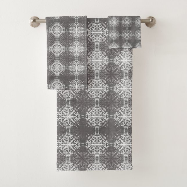 Shades of Grey and White Lace Bath Towel Set (Insitu)