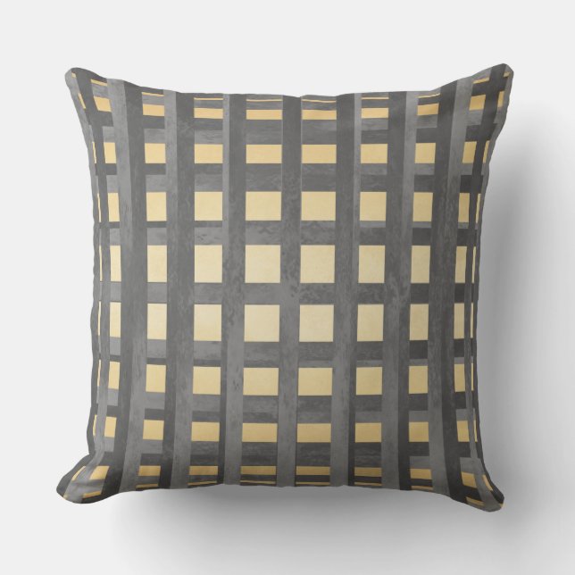 Shades of Grey and Yellow Plaid Outdoor Pillow (Front)