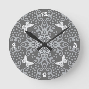 Shades Of Grey Butterfly Medallion Round Clock