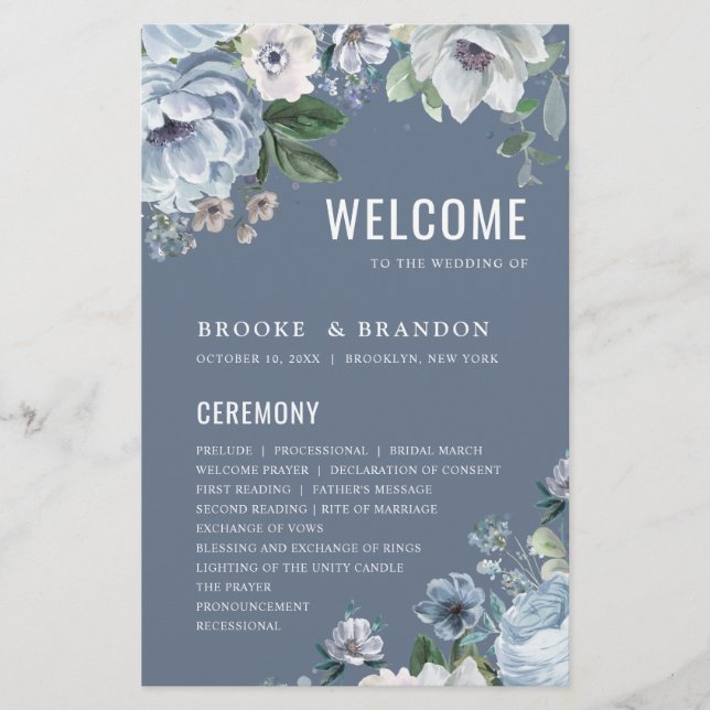 Shades of Grey Dusty Blue Winter  Wedding Program (Front)