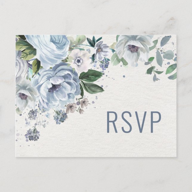Shades of Grey Dusty Blue Winter  Wedding RSVP Postcard (Front)