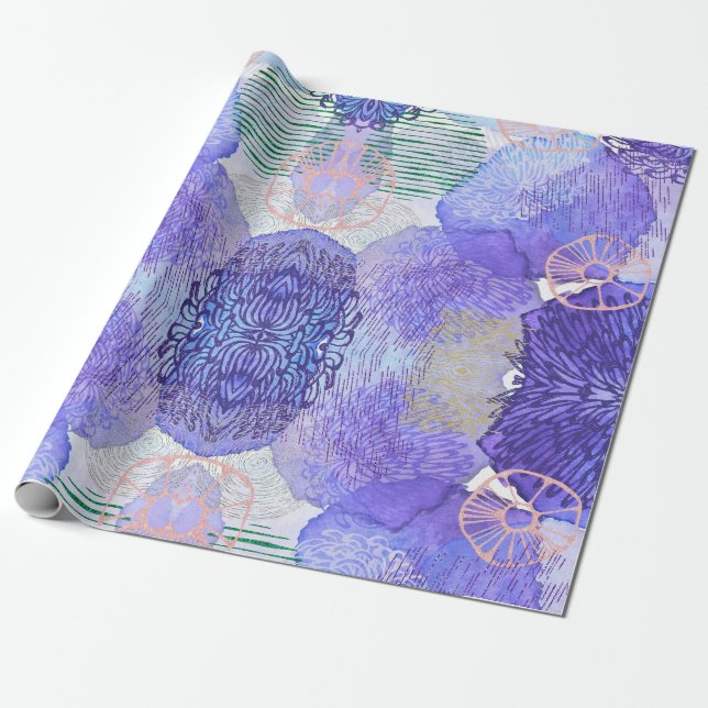 Shades of Lavender and Green Abstract Flowers Apro Wrapping Paper (Unrolled)