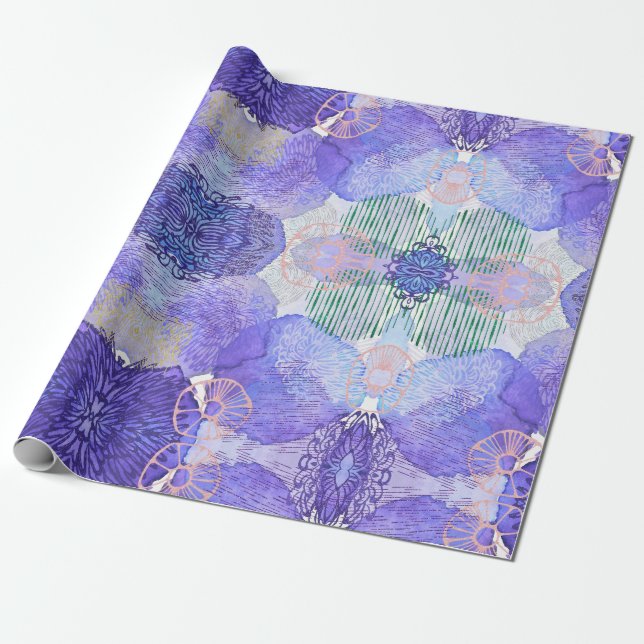 Shades of Lavender and Green Abstract Flowers   Wrapping Paper (Unrolled)