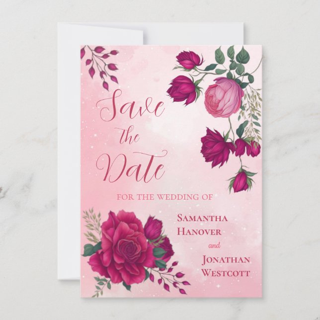 Shades of Magenta Pink Rose Modern Floral Boho Save The Date (Front)