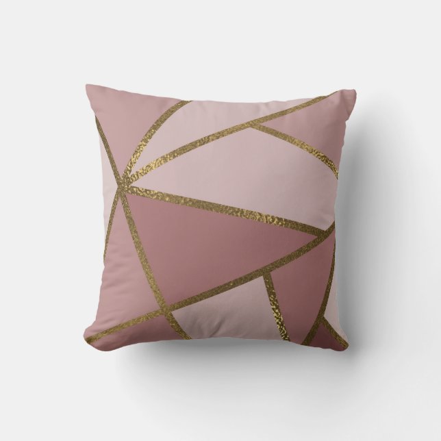 Shades of Mauve Pink & Gold Bronze Geometric Glam Throw Pillow (Front)