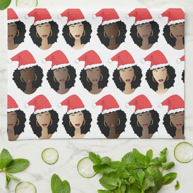 Shades of Melanin, Black Women, Merry Christmas Kitchen Towel (Folded)