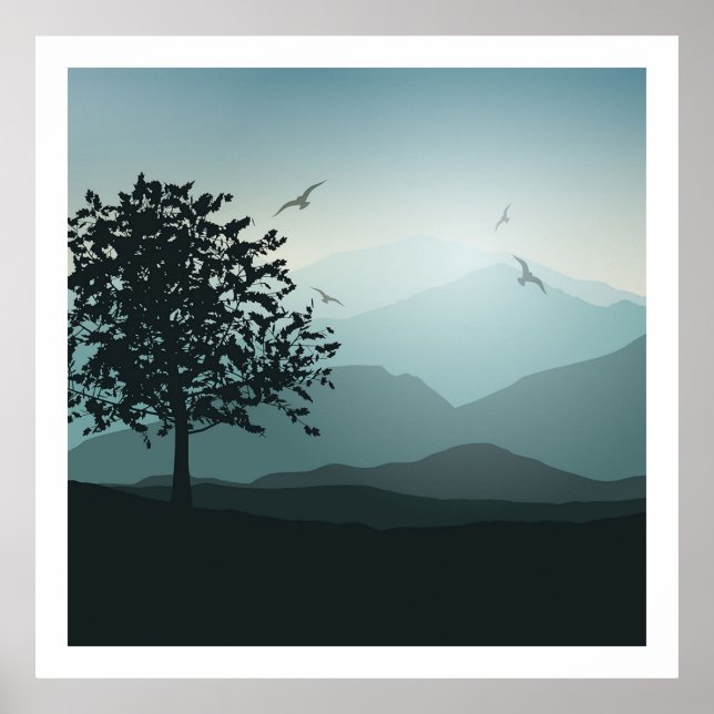 Shades of Mountains Smokey Green Blues Lonely Tree Poster (Front)