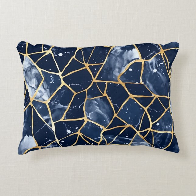 SHADES OF NAVY BLUE & GOLD MOSAIC CHIP PATTERNS ACCENT PILLOW (Front)