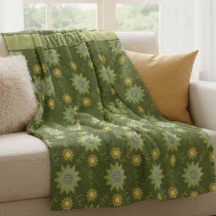Shades Of Olive Green Geometric Flowers Fleece Blanket