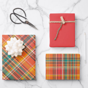 Shades of Orange, Red, Green & White Plaid Wrapping Paper Sheet